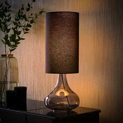 B&Q -  Sylvie Black Linen Tall Lamp Shade Smoked Glass Squat Table Lamp With Led Bulb