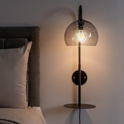 B&Q -  Glenn Smoked Glass Globe Shade Wall Light With Matte Black Shelf With Led Bulb