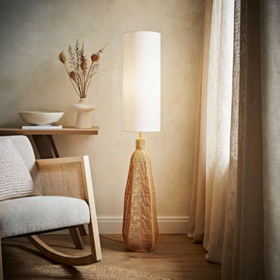 B&Q -  Una White Tall Lamp Shade Natural Rattan Midi Floor Lamp With Led Bulb