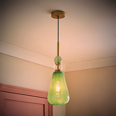 B&Q -  Anastasia Green Glass Stacked Gold Detail Ceiling Pendant Light And Bulb