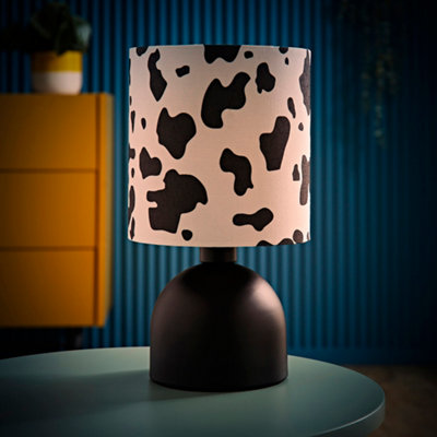 B&Q -  Miley Cow Print Drum Lamp Shade Matte Black Table Lamp With Led Bulb