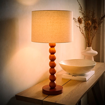 B&Q -  Wyatt Natural Linen Drum Lamp Shade Walnut Wood Bobbin Table Lamp With Led Bulb