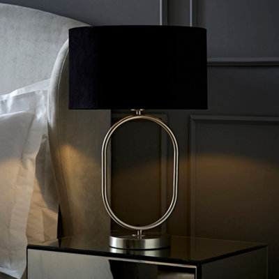 B&Q -  Antonia Black Velvet Drum Lamp Shade Brushed Chrome Oval Table Lamp And Led Bulb