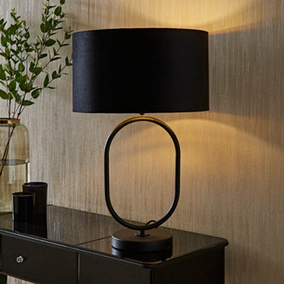 B&Q -  Antonia Black Velvet And Gold Drum Shade Matte Black Oval Table Lamp With Bulb