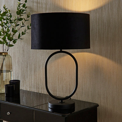 B&Q -  Antonia Black Velvet Drum Lamp Shade Matte Black Oval Table Lamp With Led Bulb