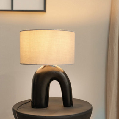 ValueLights - LED Table Lamp - Grey Fabric Drum Shade - Black Arch Ceramic - 39cm - Image 7