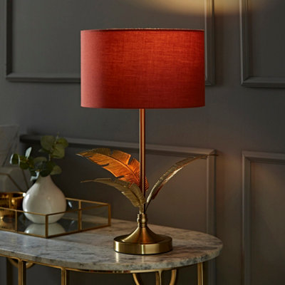 Valuelights Red/Gold Christina Rust Drum Shade Palm Leaf Single Stem Table Lamp And Bulb