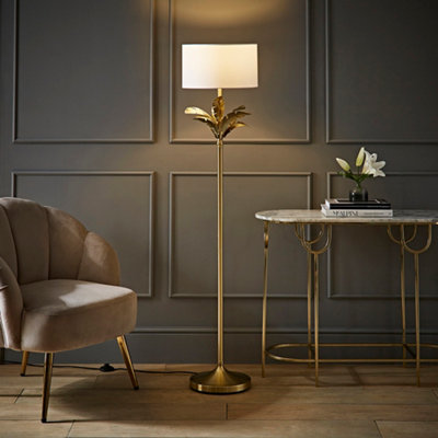 Valuelights White/Gold Christina Drum Shade Palm Leaf Detail Single Stem Floor Lamp And Bulb