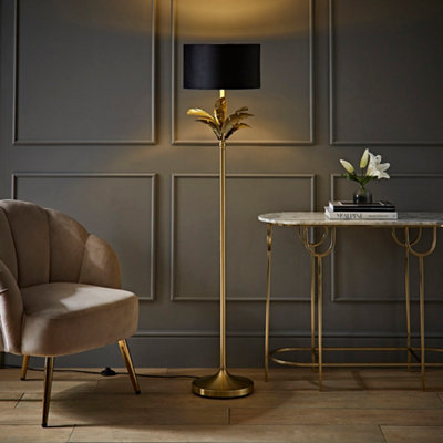 Valuelights Black/Gold Christina Velvet And Inner Shade Palm Leaf Floor Lamp With Bulb
