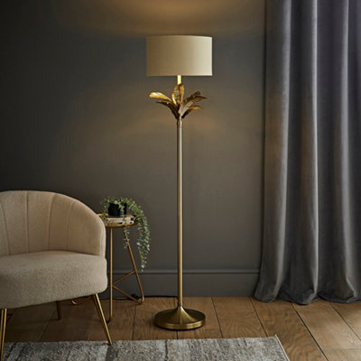 B&Q -  Christina Beige With Metallic Gold Drum Shade Gold Palm Leaf Floor Lamp And Bulb