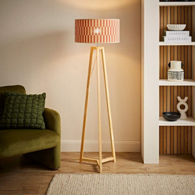 Valuelights Lottie Wooden Tripod Floor Lamp With Orange Checkerboard Bamboo Shade from B&Q