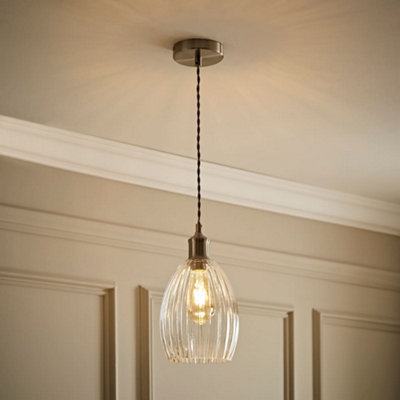 B&Q -  Cheltenham Brushed Chrome Ceiling Pendant Light With Ribbed Shade