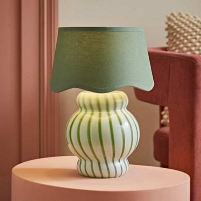 B&Q -  Taffy Green Stripe Glass Table Lamp With Sage Scallop Shade