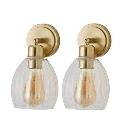 B&Q -  Cheltenham Pair Of Brushed Gold Adjustable Wall Spotlights With Ribbed Shade