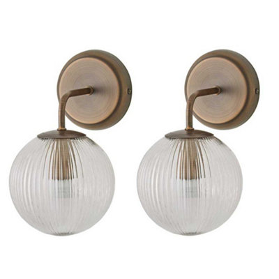 Valuelights Light/Black Values Kempton Pair Of Brushed Brass Wall S With Ribbed Globe Shade
