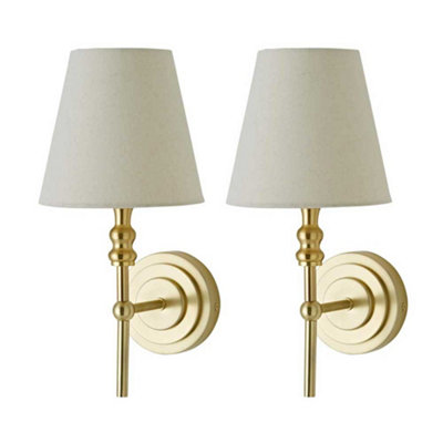 B&Q -  Maggie Pair Of Brushed Gold Candlestick Wall Lights With Linen Shade