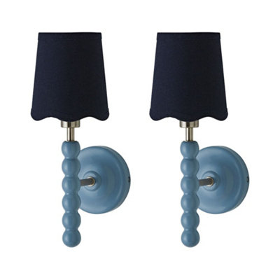 B&Q -  Bobbin Pair Of Blue Wall Lights With Navy Linen Scallop Shade