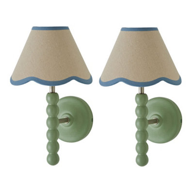 Valuelights Bobbin Pair Of Green Wall Lights With Blue Trim Scallop Shade from B&Q