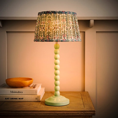 Valuelights Green Bobbin Pastel Table Lamp With Floral Pleated Shade And Bulb 1.5M