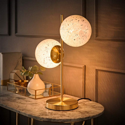 B&Q -  Jas Gold 2 Way Table Lamp With White Confetti Glass Globe Shades And Bulbs