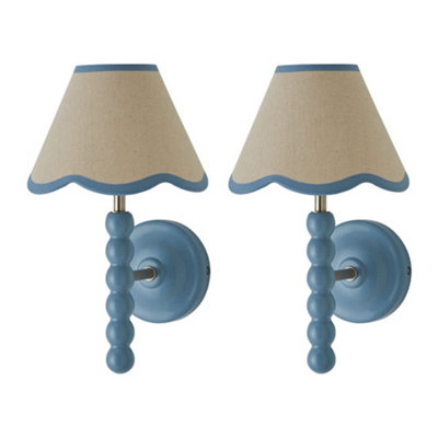 Valuelights Bobbin Pair Of Wall Lights With Trim Scallop Shade And Bulbs Blue