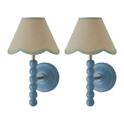 B&Q -  Bobbin Pair Of Blue Wall Lights With Green Trim Scallop Shade And Bulbs