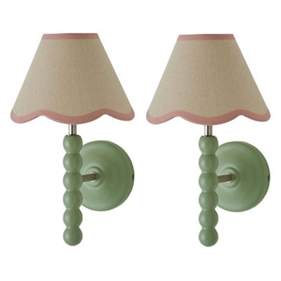 B&Q -  Bobbin Pair Of Green Wall Lights With Pink Trim Scallop Shade And Bulbs