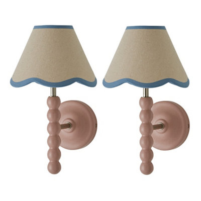 Valuelights Bobbin Pair Of Wall Lights With Trim Scallop Shades And Bulbs Pink/Blue