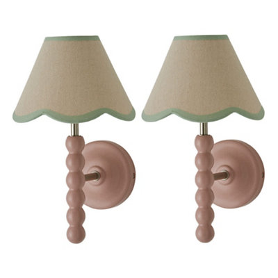B&Q -  Bobbin Pair Of Pink Wall Lights With Green Trim Scallop Shades And Bulbs