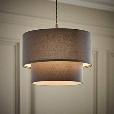 B&Q -  Jodie Two Tier Grey Linen Ceiling Drum Lamp Shade And Bulb (D)30Cm