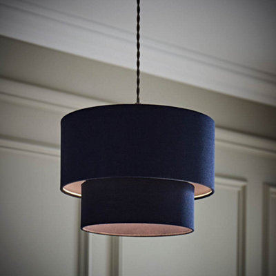 Valuelights Jodie Two Tier Navy Linen Ceiling Drum Lamp Shade And Bulb