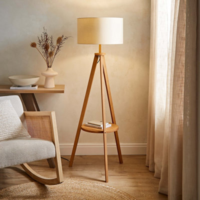 Valuelights Morrigan Mid Wood Shelf Floor Lamp With Natural Drum Shade B&Q