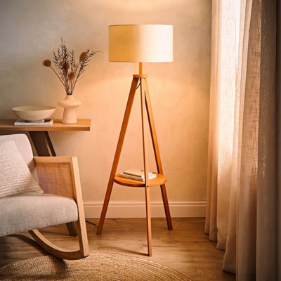 Valuelights Morrigan Mid Wood Shelf Floor Lamp With Natural Drum Shade And Bulb B&Q