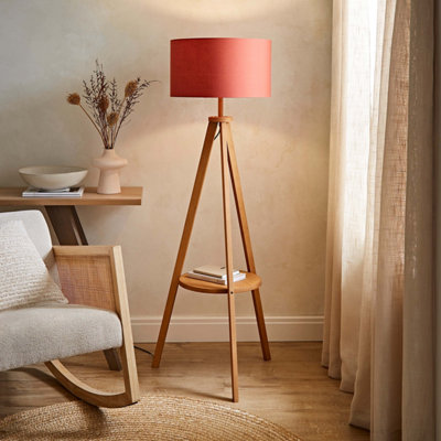 B&Q -  Morrigan Mid Wood Shelf Floor Lamp With Rust Drum Shade