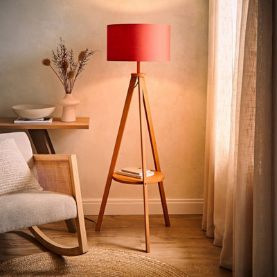 B&Q -  Morrigan Mid Wood Shelf Floor Lamp With Rust Drum Shade And Bulb