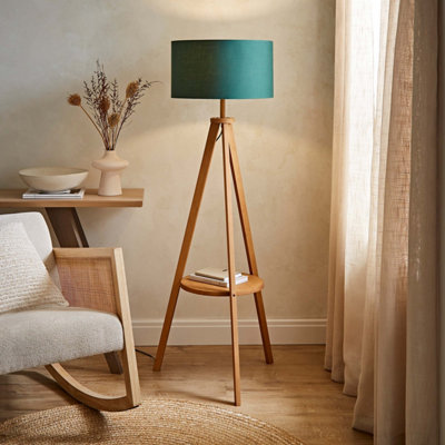 Valuelights Green Morrigan Mid Wood Shelf Floor Lamp With Forest Drum Shade B&Q