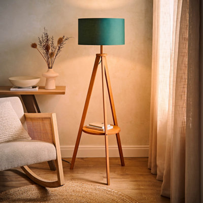 Valuelights Green Morrigan Mid Wood Shelf Floor Lamp With Forest Drum Shade And Bulb B&Q