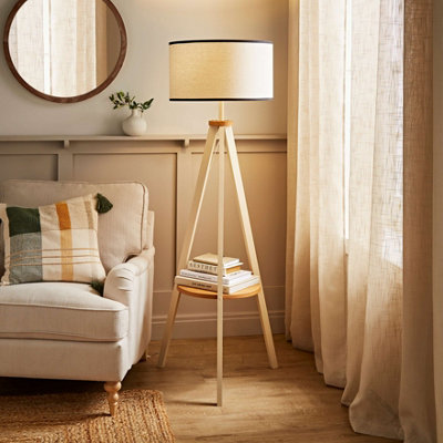 B&Q -  Morrigan Cream Wood Shelf Floor Lamp With White Trim Drum Shade