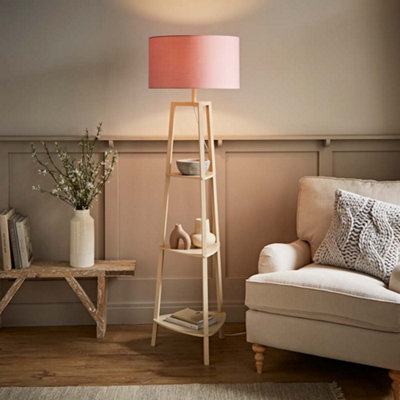 B&Q -  Hiru Cream 3 Tier Shelf Floor Lamp With Blush Drum Shade