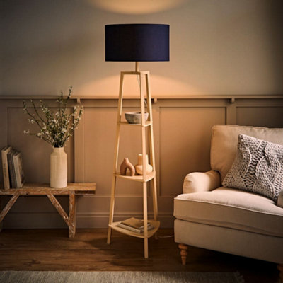 B&Q -  Hiru Cream 3 Tier Shelf Floor Lamp With Navy Drum Shade And Bulb