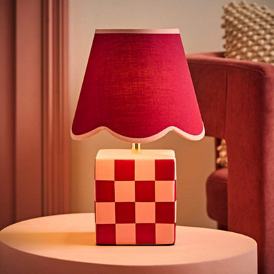 B&Q -  Evie Burgundy Ceramic Checkerboard Table Lamp With Scallop Shade And Bulb