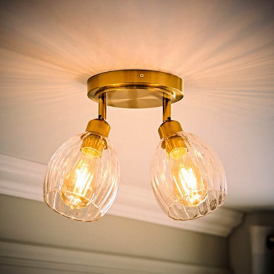 B&Q -  Cheltenham 2 Way Brushed Gold Adjustable Ceiling Spotlight With Ribbed Shades And Bulbs