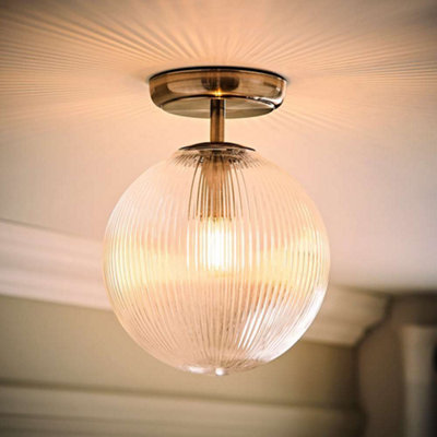 Valuelights Light Kempton Brushed Chrome Flush Ceiling With Ribbed Globe Shade And Bulb