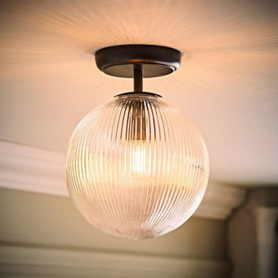 Valuelights Black/Light Kempton Matte Flush Ceiling With Ribbed Globe Shade And Bulb