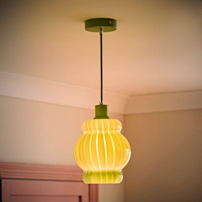 B&Q -  Taffy Green Stripe Glass Pendant Ceiling Light And Bulb