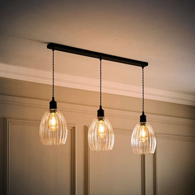 Valuelights Unisex Black Cheltenham Ribbed Glass Dome 3 Drop Bar Diner Ceiling Light W/ Bulbs In - Image 7