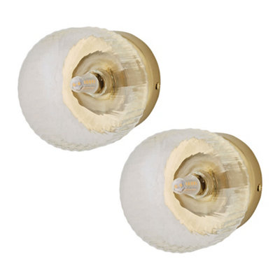 Valuelights Calpe Pair Of Brushed Gold Flush Wall Lights With Ribbed Clear Shade And Bulbs from B&Q