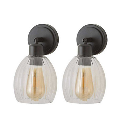 Valuelights Black Cheltenham Pair Of Matte Adjustable Wall Spotlights With Ribbed Shade And Bulbs