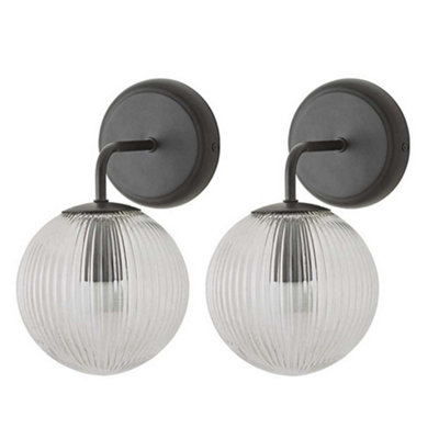 Valuelights Black Kempton Pair Of Mattte Wall Lights With Ribbed Globe Shade And Bulbs