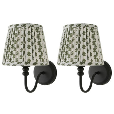 B&Q -  Binky Pair Of Black Rechargeable Wall Lights With Green Floral Shade